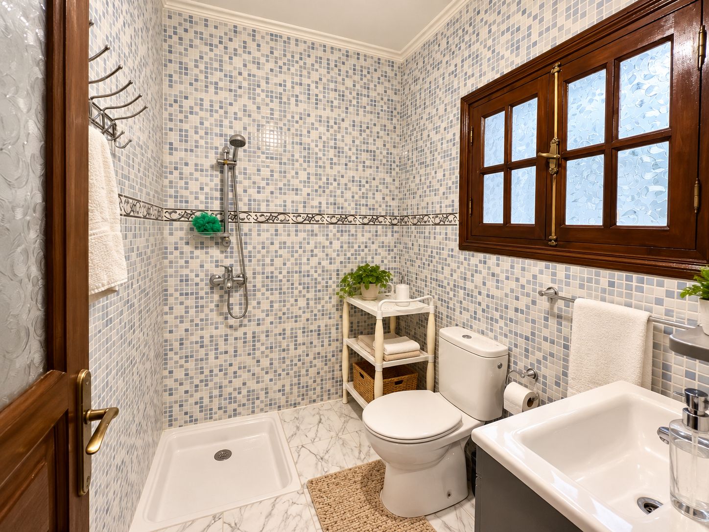Badeværelse med bruser, toilet, håndvask og et vindue.