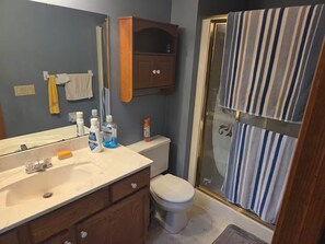 Hair dryer, towels, soap, toilet paper