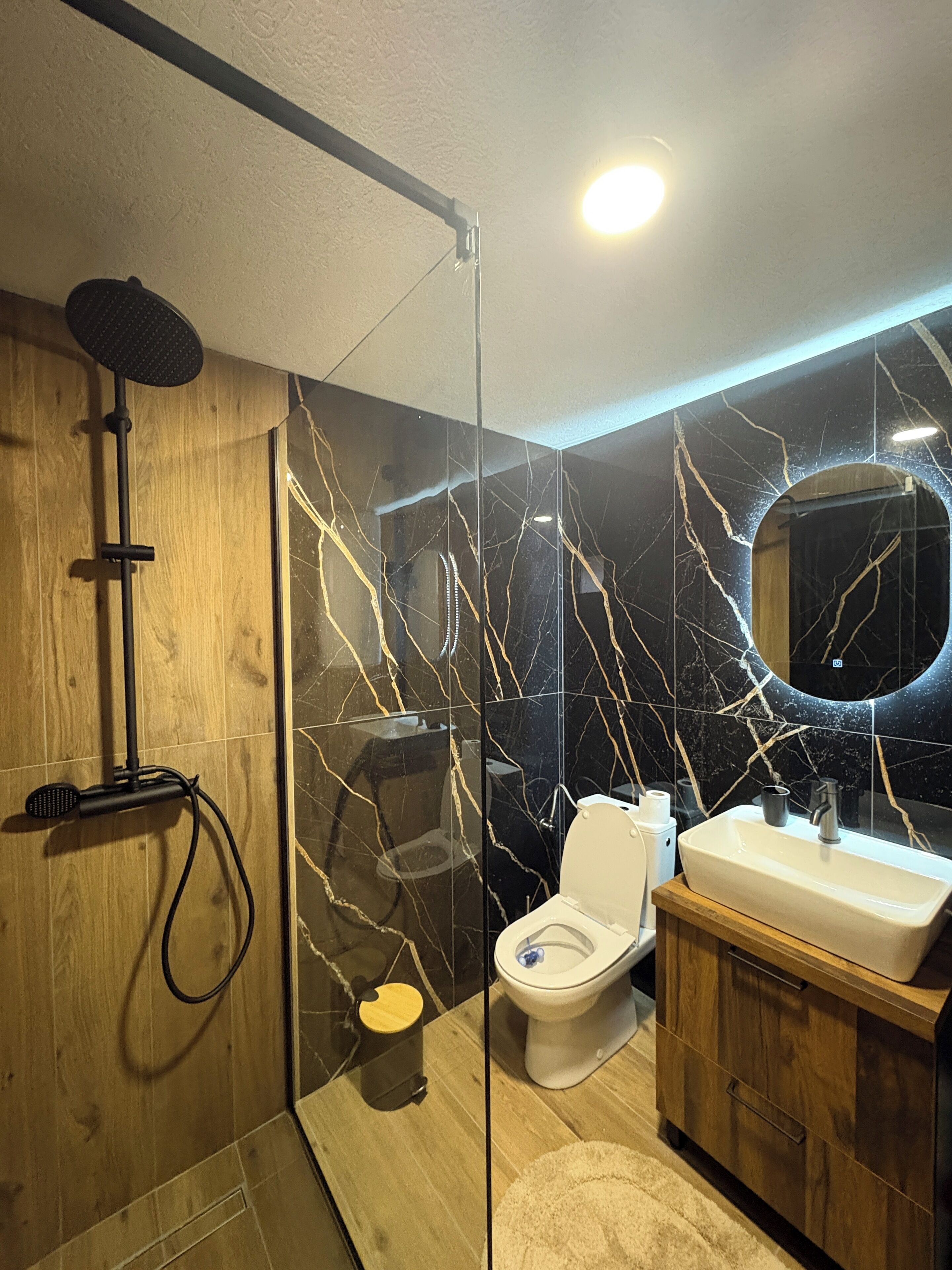 A modern bathroom with a glass-enclosed shower, a toilet, and a sink with a wooden vanity.