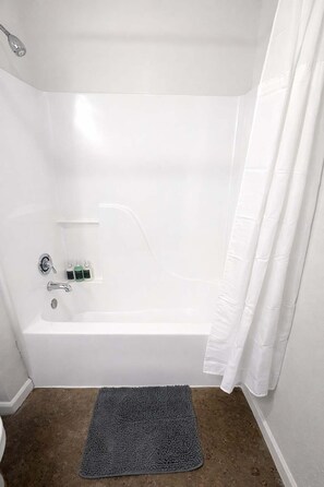 Shower, hair dryer, shampoo