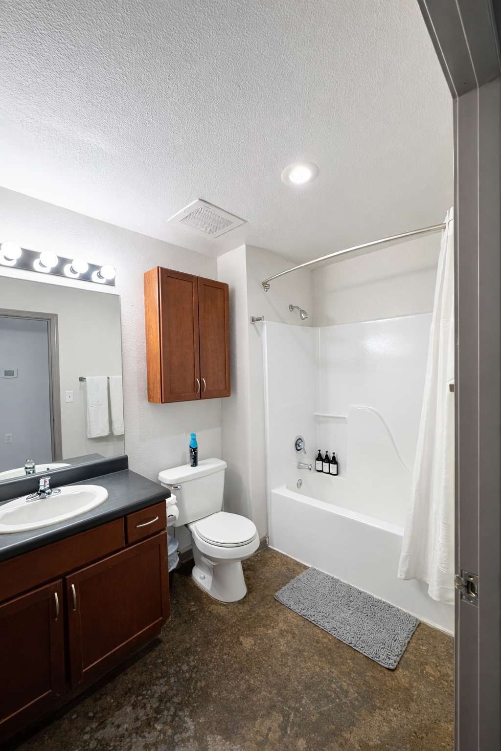 Shower, hair dryer, shampoo