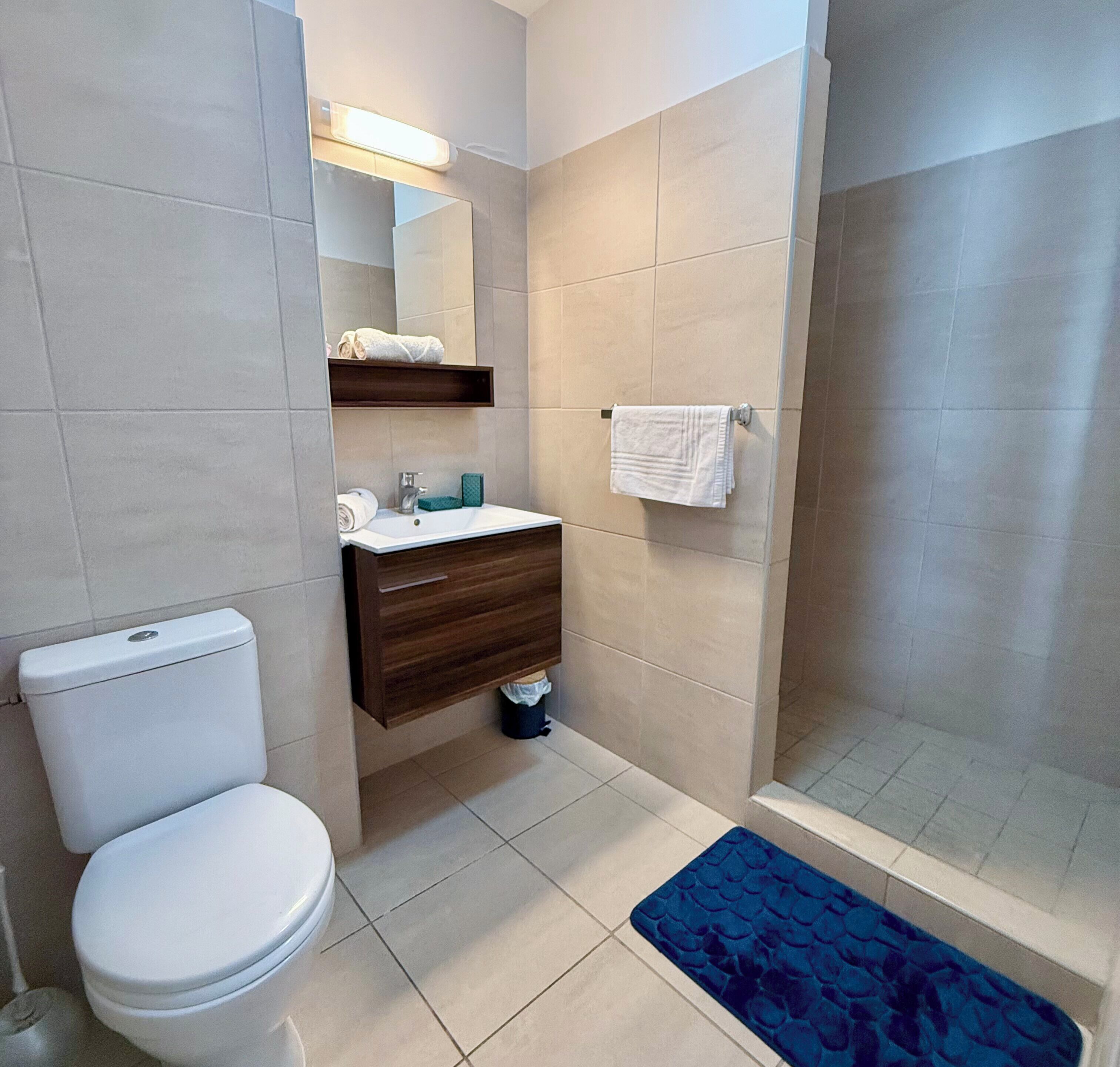 A bathroom with a toilet, sink, mirror, towel rack, and shower area.