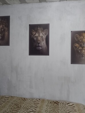 A wall with three framed artworks depicting lions.