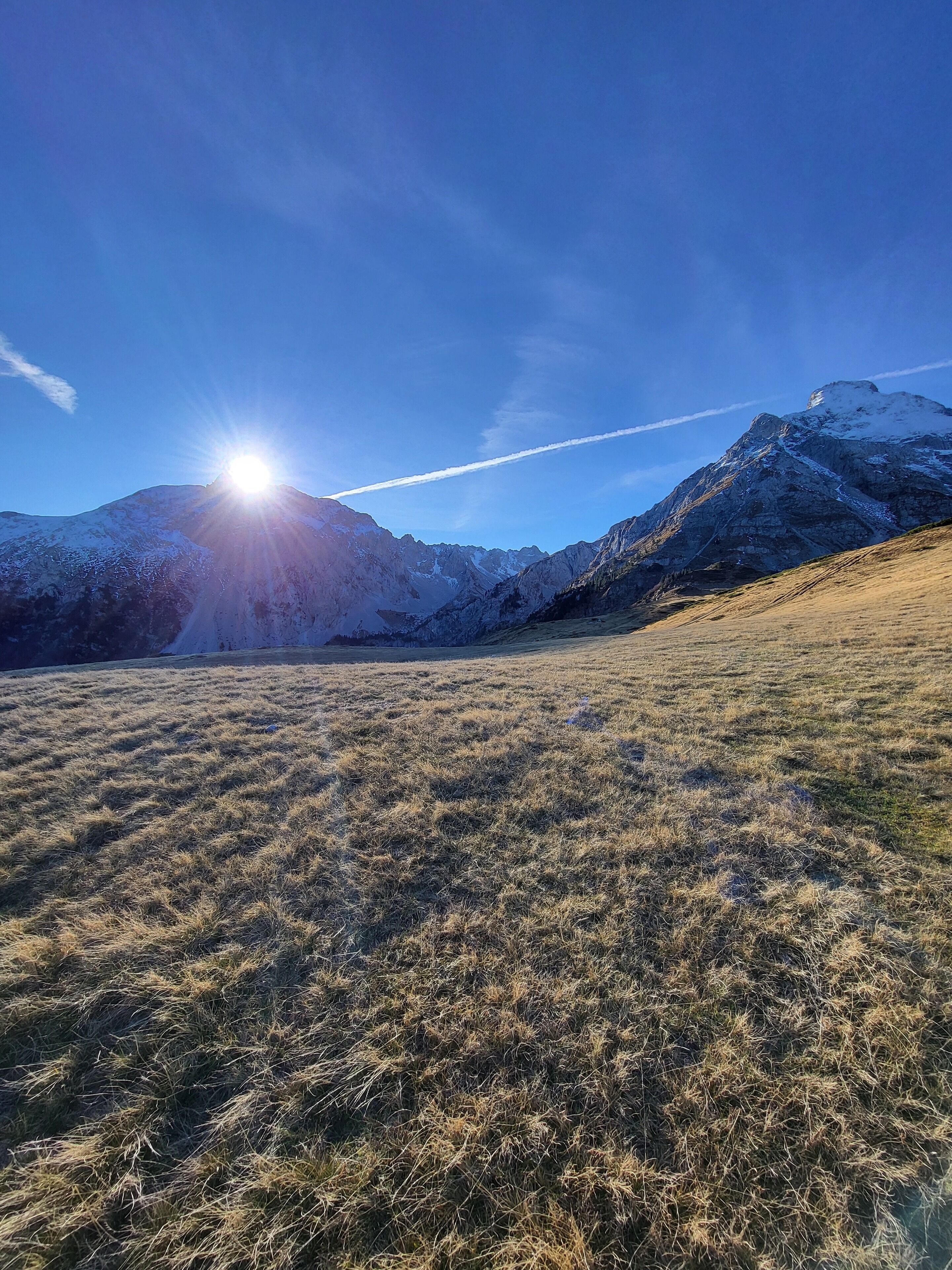 A mountainous landscape with a clear sky and a sunlit field.