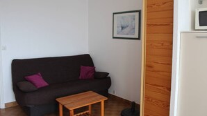 A living room with a dark brown sofa, two purple cushions, a small wooden table, a framed picture on the wall, and a white cabinet with a microwave. - Studio Héliopolis AB342 - 2 people (AGDE)