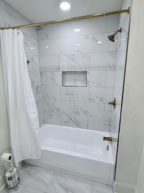 Hair dryer, towels, soap, toilet paper