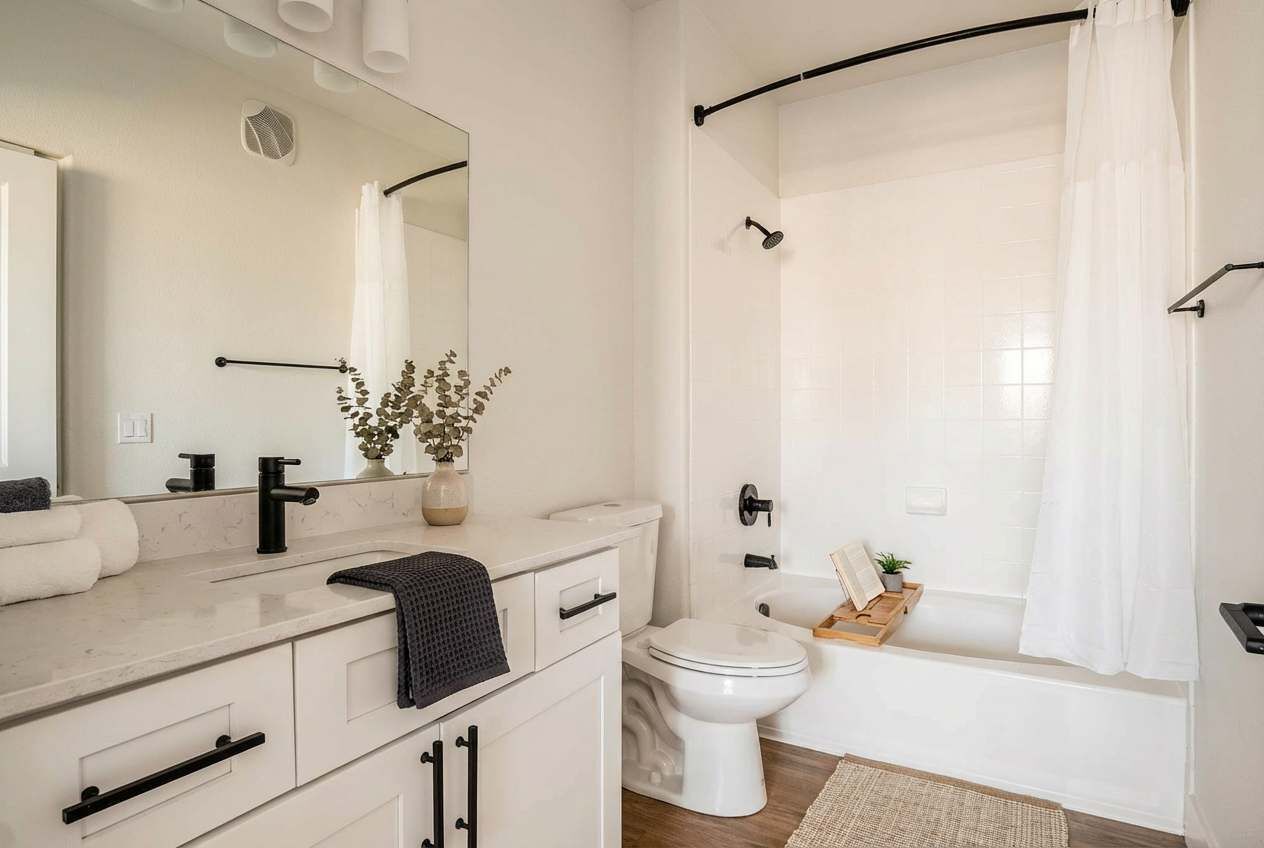 Shower, hair dryer, towels, shampoo