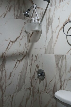Ducha, secador de pelo, toallas y jabón