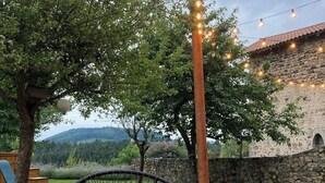 Un espace jardin aménagé avec une chaise en fil de fer noir dotée d’un coussin à motifs floraux, une terrasse en bois et des guirlandes lumineuses.