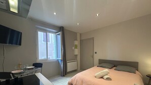 Une chambre à coucher moderne, équipée d’un lit, d’un bureau et d’une télévision.