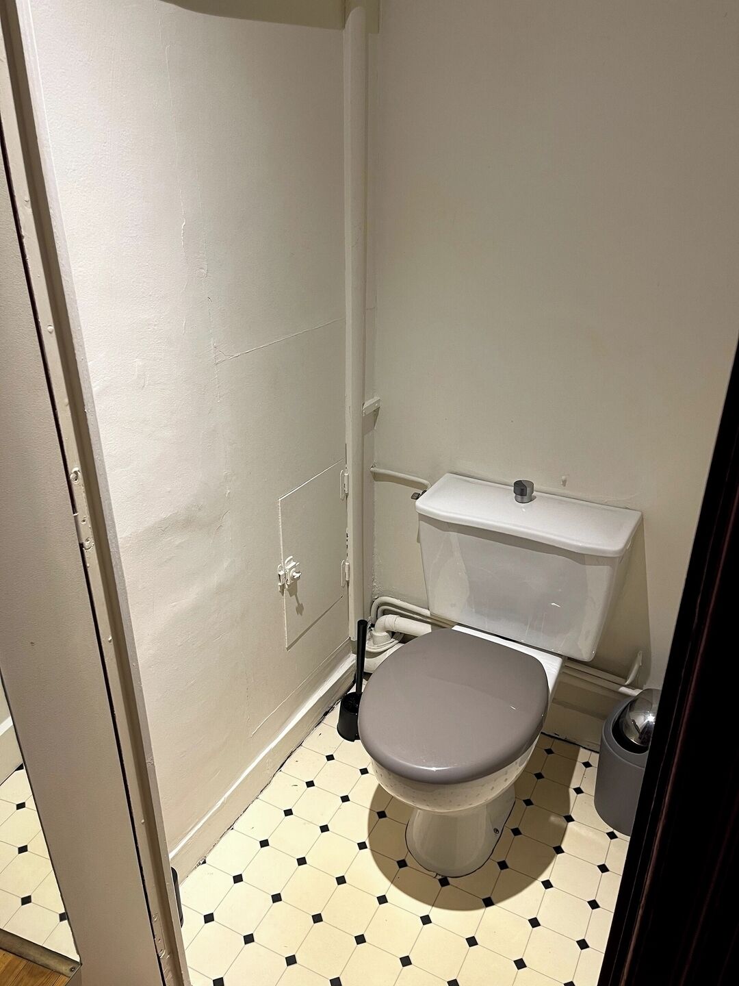 Een kleine, praktische badkamer met toilet, bidet en een prullenbak.