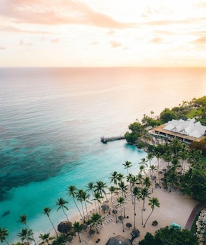 A resort with a beach, palm trees, and a pier. - Dreams La Romana All Inclusive Resort & Spa (San Rafael del Yuma)