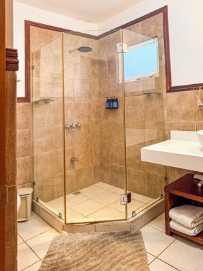 Shower, hair dryer, towels, soap