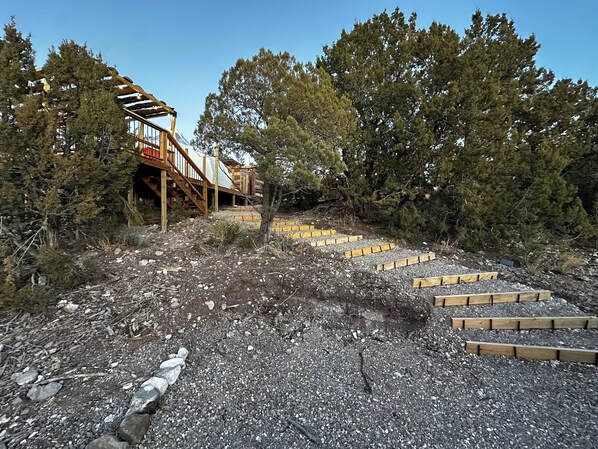 Una escalera de madera que asciende por un sendero rocoso rodeado de árboles.