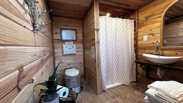 Shower, towels, soap, toilet paper