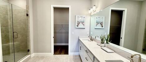A modern bathroom with a walk-in shower, a large vanity with a sink and mirror, and a walk-in closet.