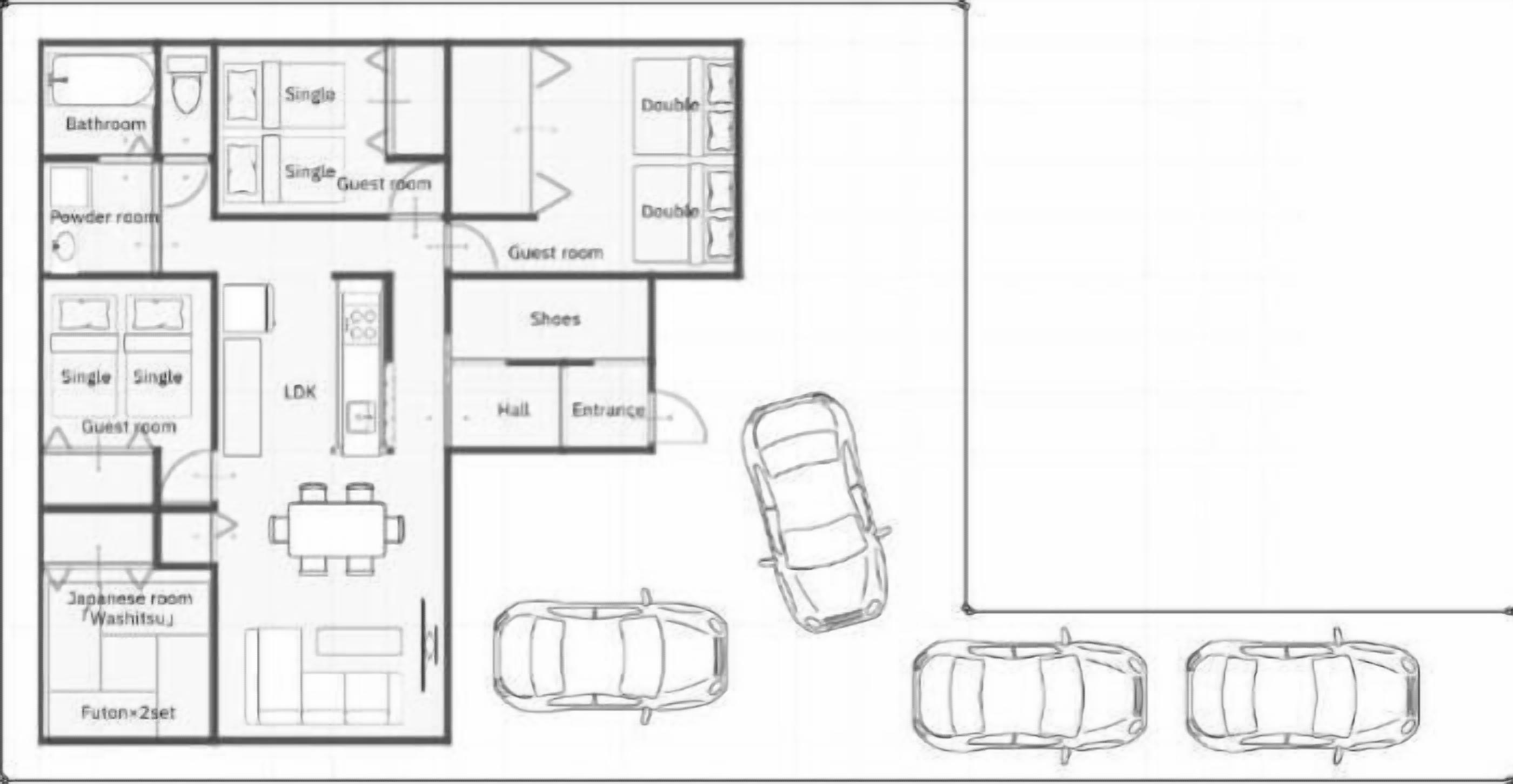A hotel floor plan with single and double guest rooms, a powder room, a bathroom, a guest room, a shoes area, a hall, an entrance, a dining area, a Japanese room, and a futon set.