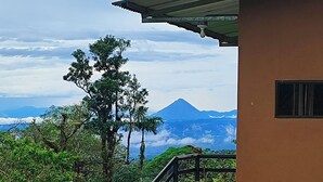 Une maison avec un escalier en pierre menant à un balcon, entourée d’une végétation luxuriante et offrant une vue sur une montagne.