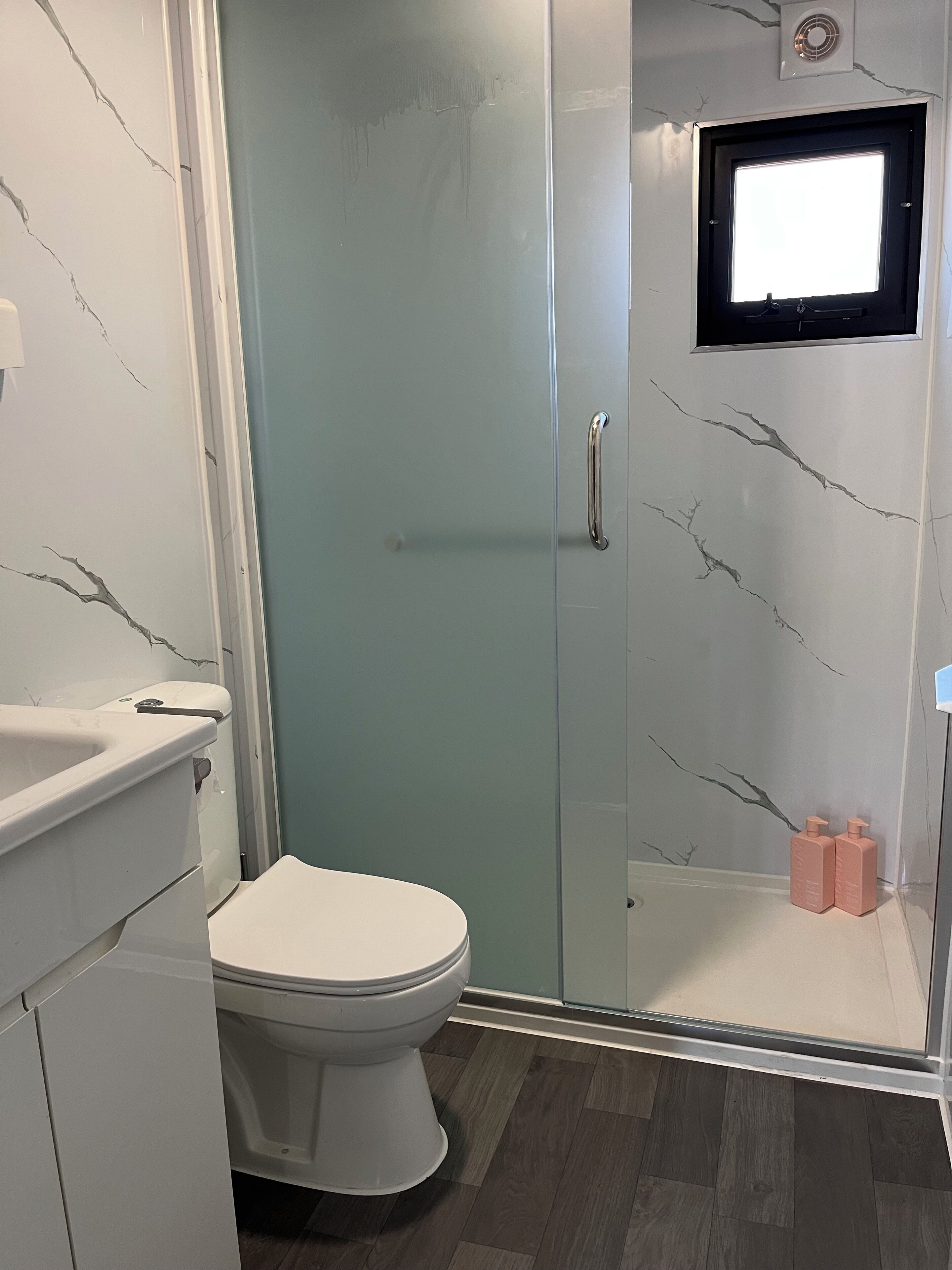 Hair dryer, towels, soap, shampoo