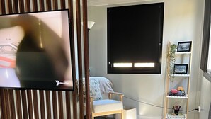 Una sala de estar moderna con televisión, una silla de madera, un tapete de cuero de vaca y una estantería.