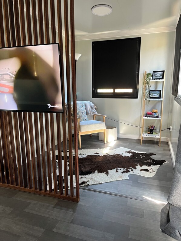 A modern living room with a TV, a wooden chair, a cowhide rug, and a bookshelf.