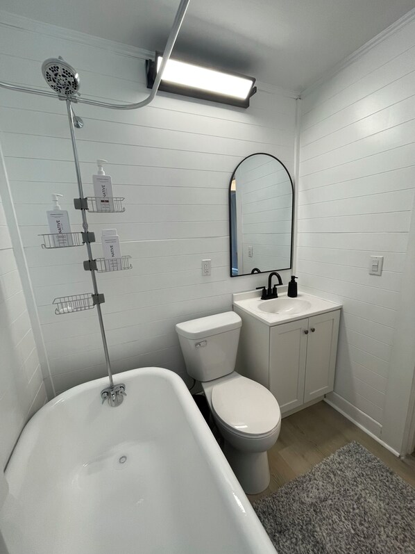 Hair dryer, towels, soap, toilet paper