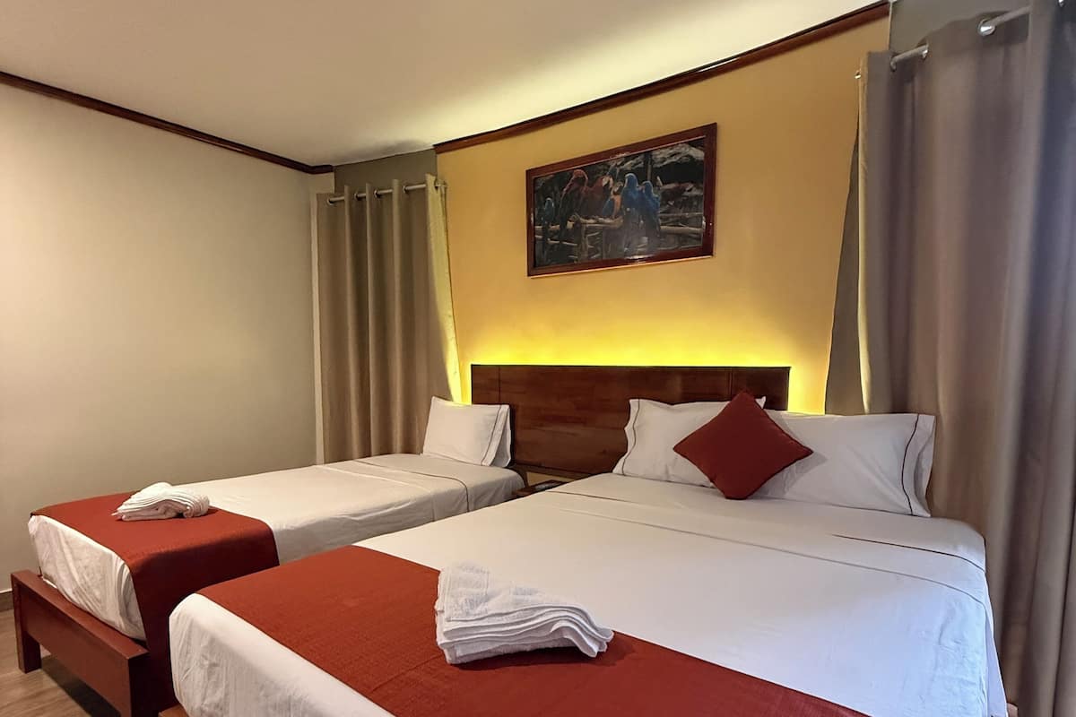 Une chambre d’hôtel avec deux lits, un tableau au mur et un rideau.