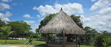 Piscine extérieure, chaises longues