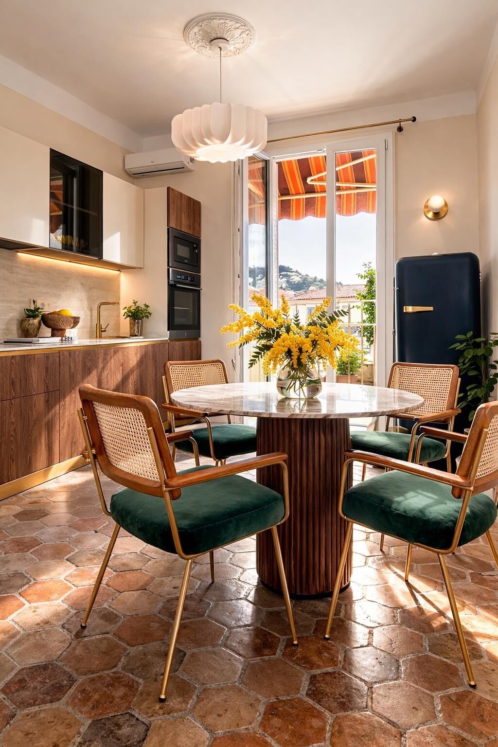 A modern kitchen with a round dining table, green upholstered chairs, and a vase of yellow flowers.
