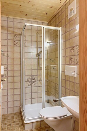A bathroom with a glass-enclosed shower, a toilet, and a sink. - Katschberg 17 by Interhome (Sankt Michael im Lungau)