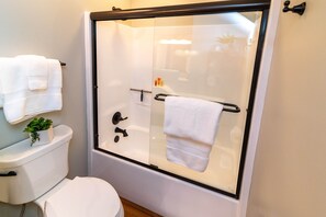 Regadera, secadora de cabello, toallas, jabón