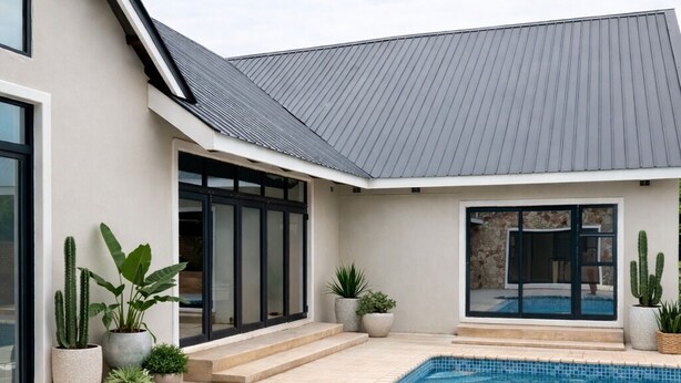 A modern house with a swimming pool, large windows, and potted plants.
