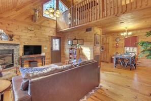 Televisión, chimenea y libros 