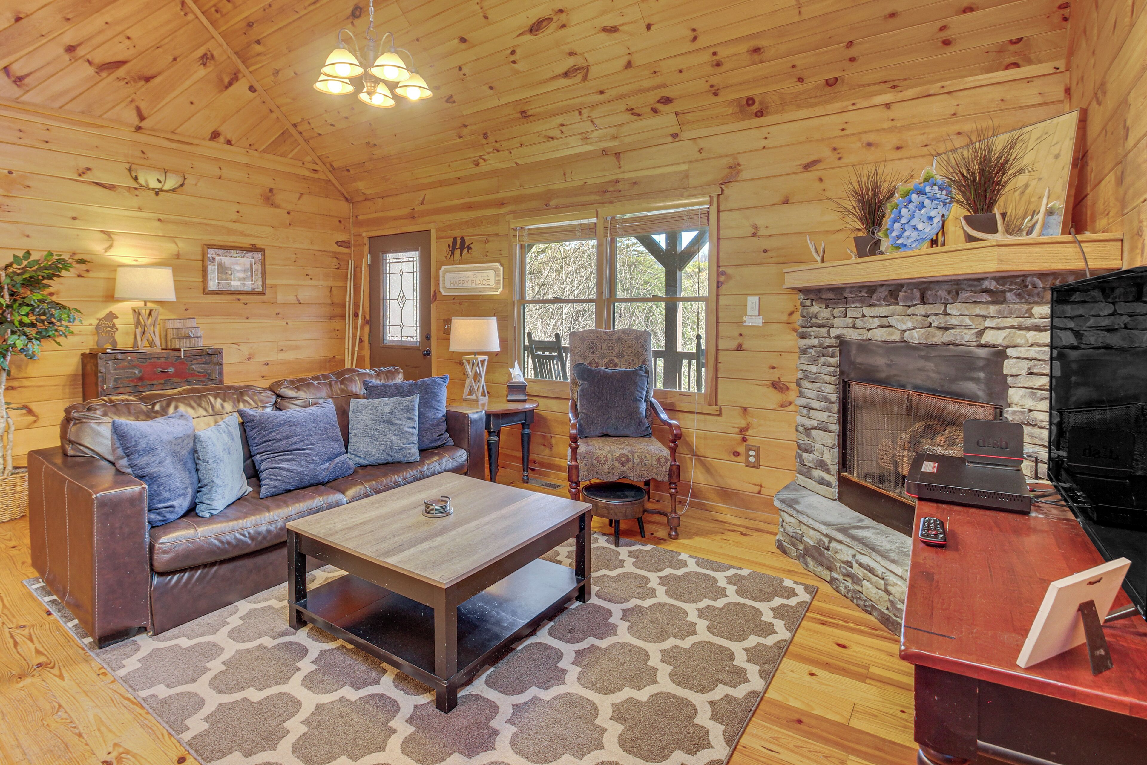 TV, fireplace, books