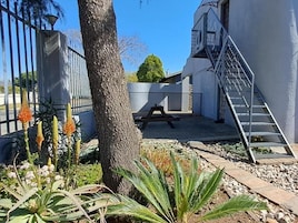 Un patio con un árbol, un banco y una escalera que lleva a un edificio.