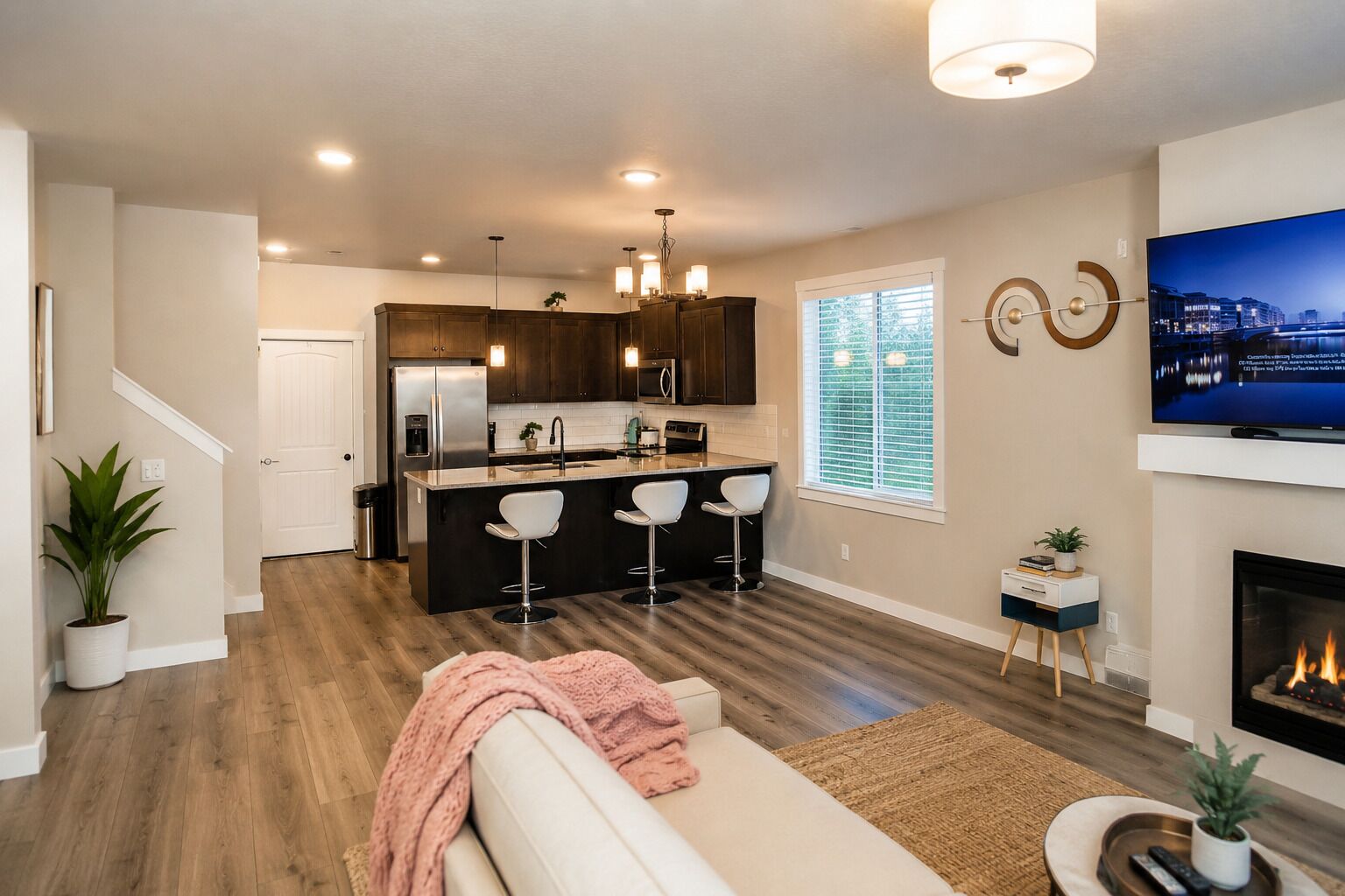 A modern kitchen with dark wood cabinets, a stainless steel refrigerator, and a central island with bar stools.