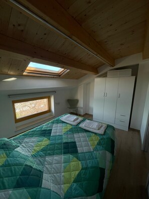 A bedroom with a bed, a window, a wardrobe, and a skylight.