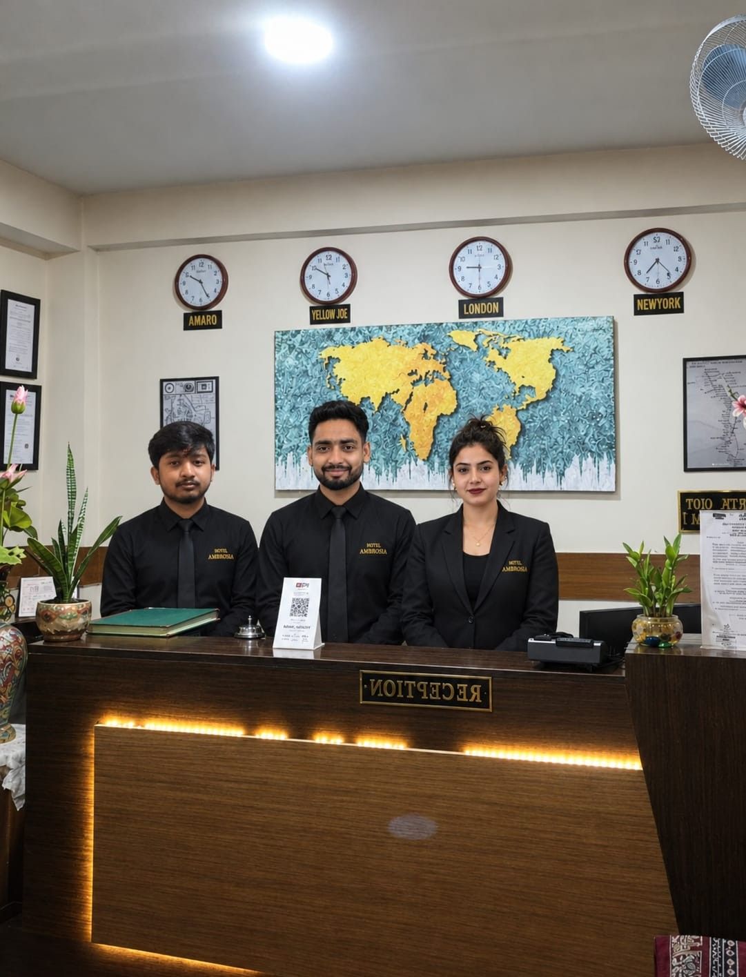 A reception desk with three staff members, a world map, clocks labeled with city names, and framed certificates on the wall.
