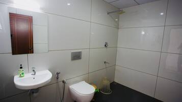 Shower, towels, soap, shampoo