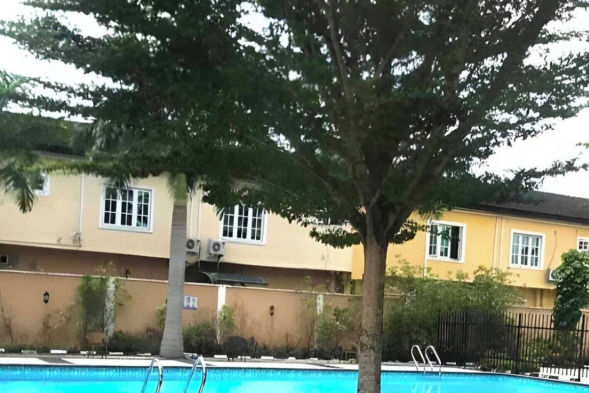 Une piscine avec un arbre au premier plan, entourée d’une zone herbeuse.