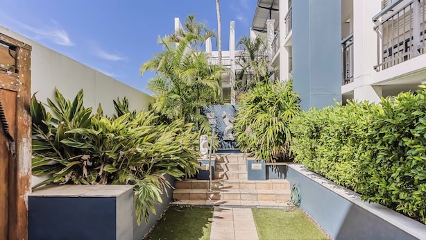 A narrow pathway flanked by lush greenery and a building with a modern design.