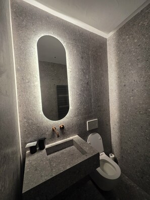 Hair dryer, towels, soap, toilet paper