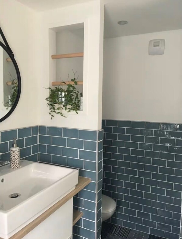 Shower, hair dryer, towels, toilet paper