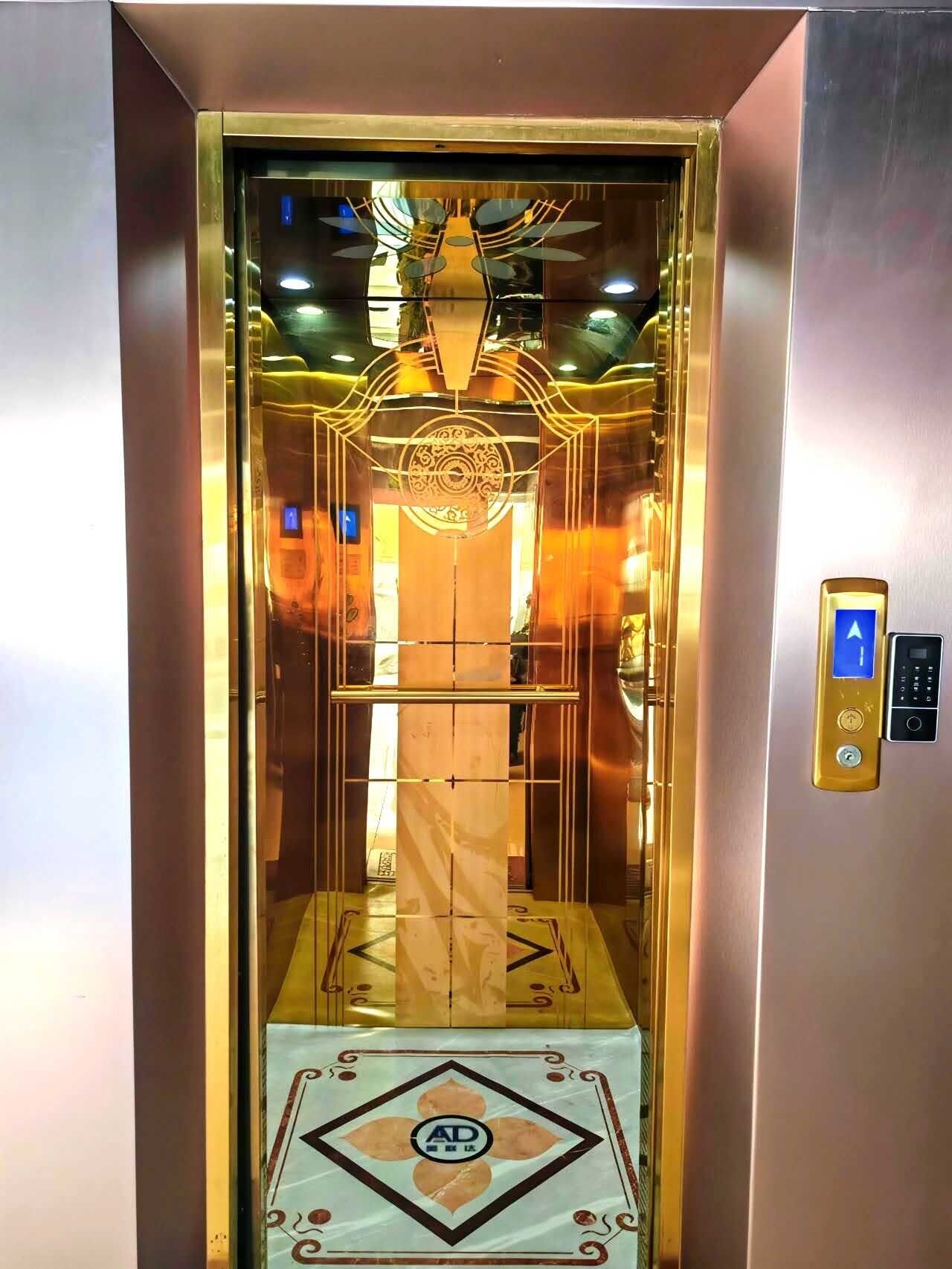 An elevator with a metallic interior, a control panel on the right, and a decorative emblem at the bottom.