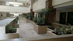 Un corredor interior espacioso con varios niveles, que cuenta con un pasillo central flanqueado por jardineras con diversas plantas.