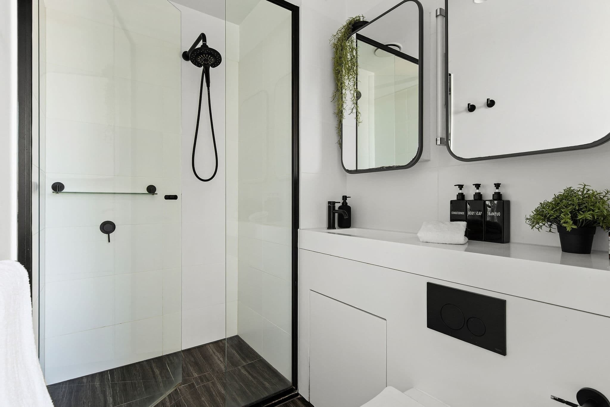 A modern bathroom with a glass shower enclosure, a white vanity with black soap dispensers, and a mirror with a plant.