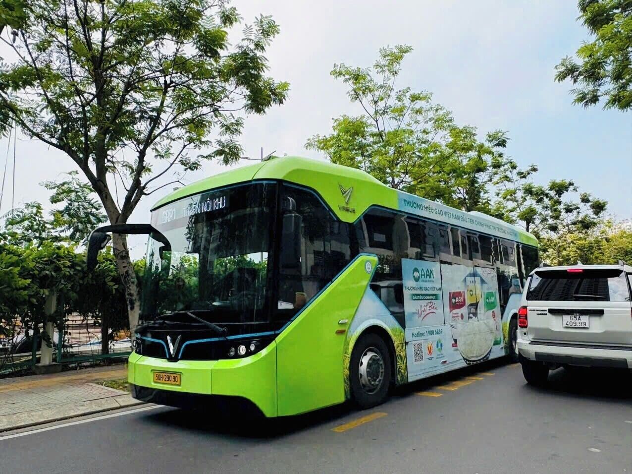 Un autobús verde con anuncios en los laterales circulando por una carretera bordeada de árboles, donde se ve también un coche blanco.