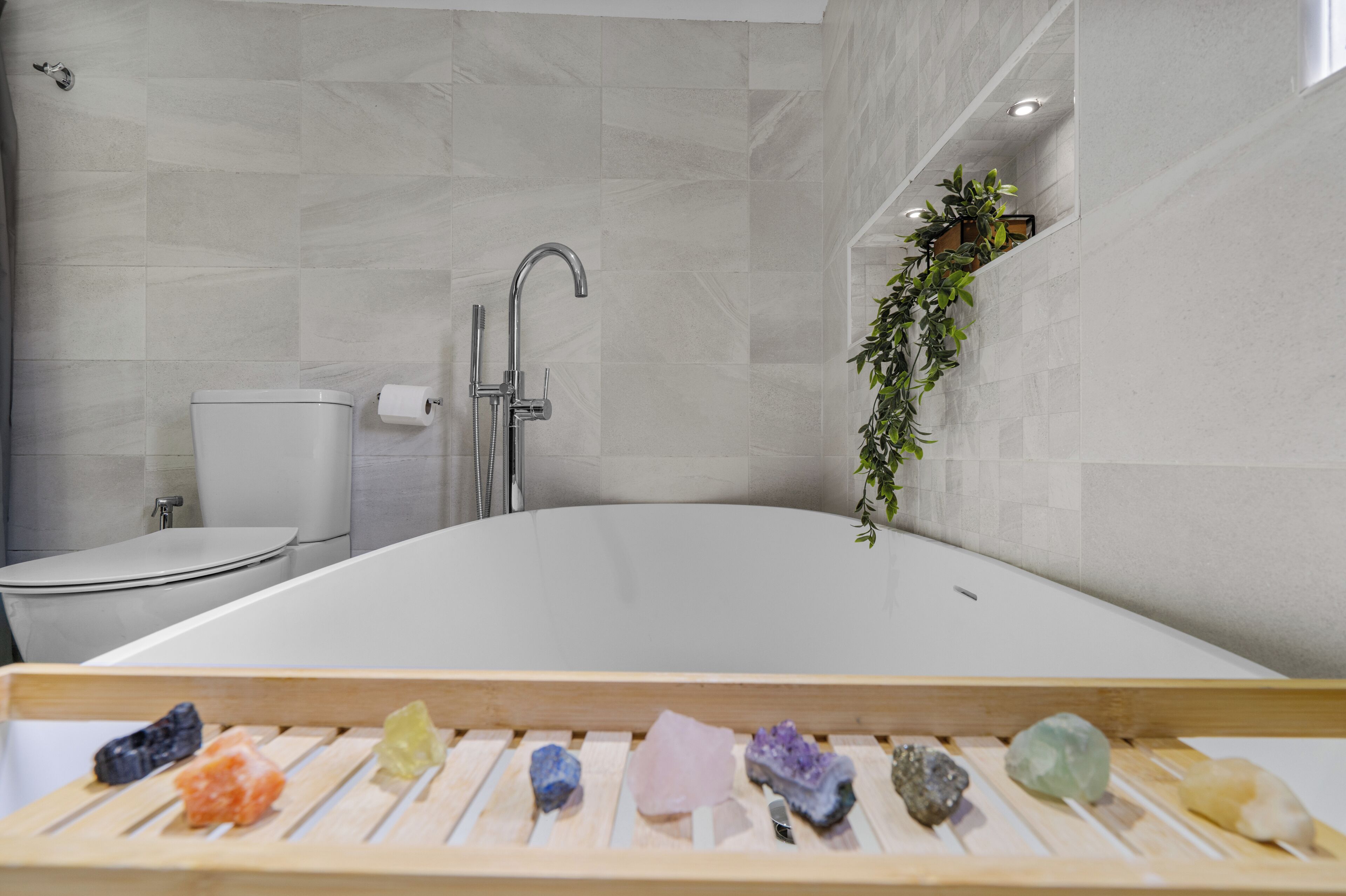 Shower, hair dryer, towels, toilet paper