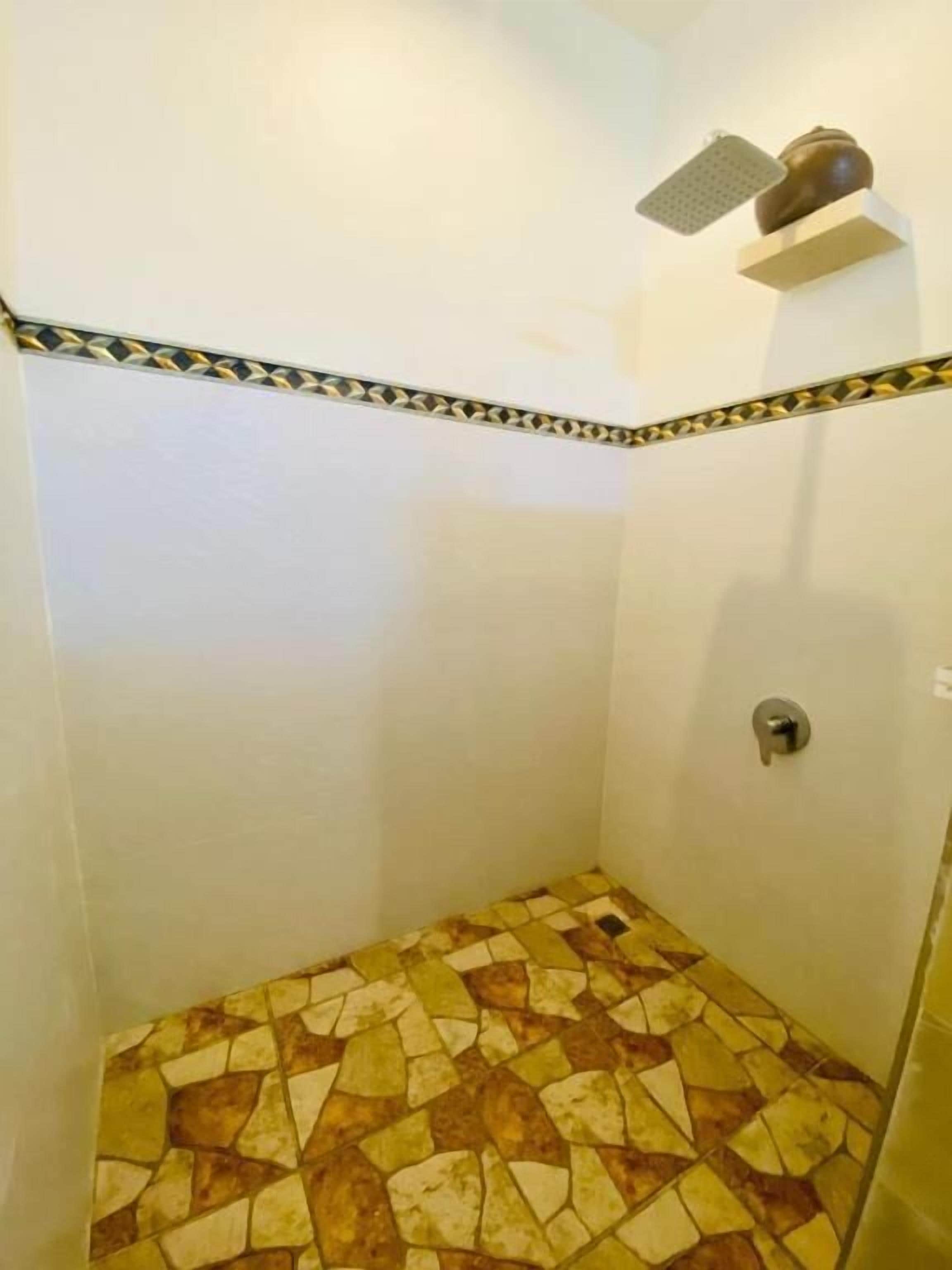 A small shower area with a tiled floor and a showerhead mounted on the wall.