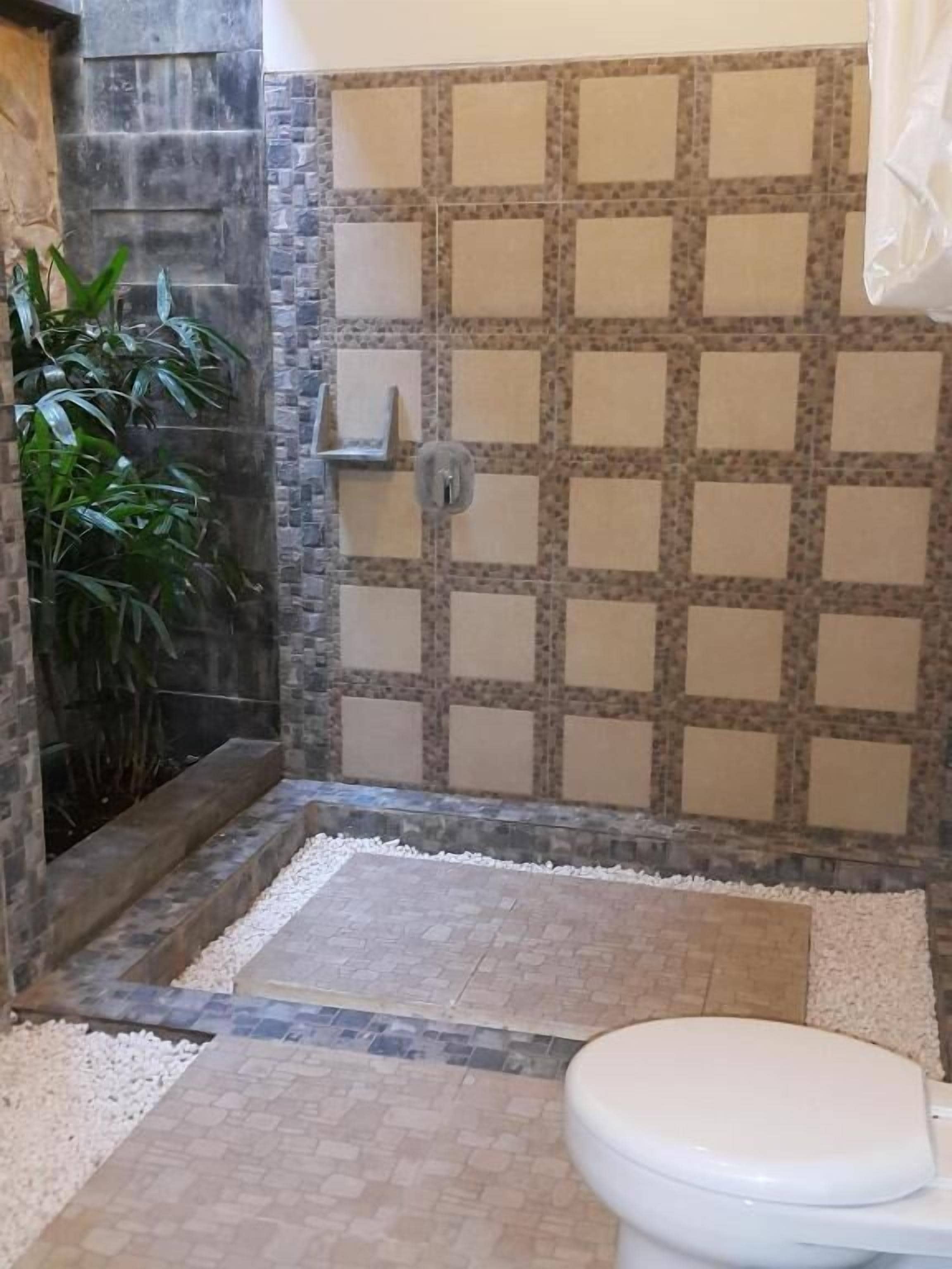 Un baño con ducha, paredes de azulejos, inodoro y una planta.